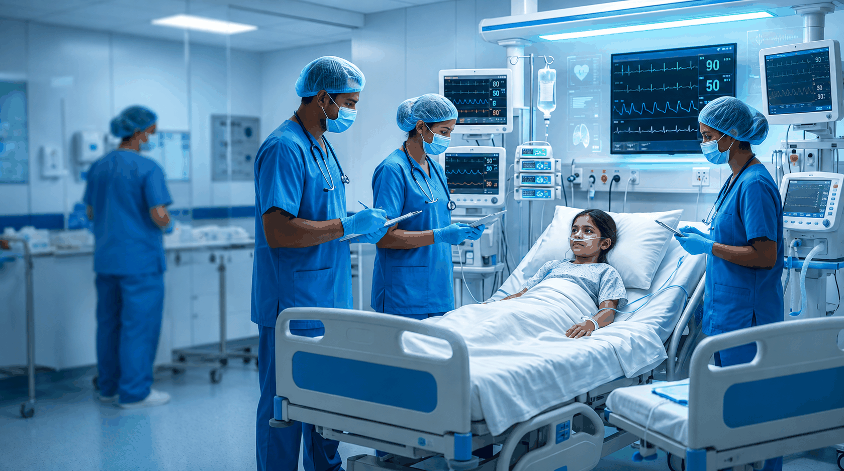 Doctors and nurses attending to a young girl in a hospital intensive care unit.