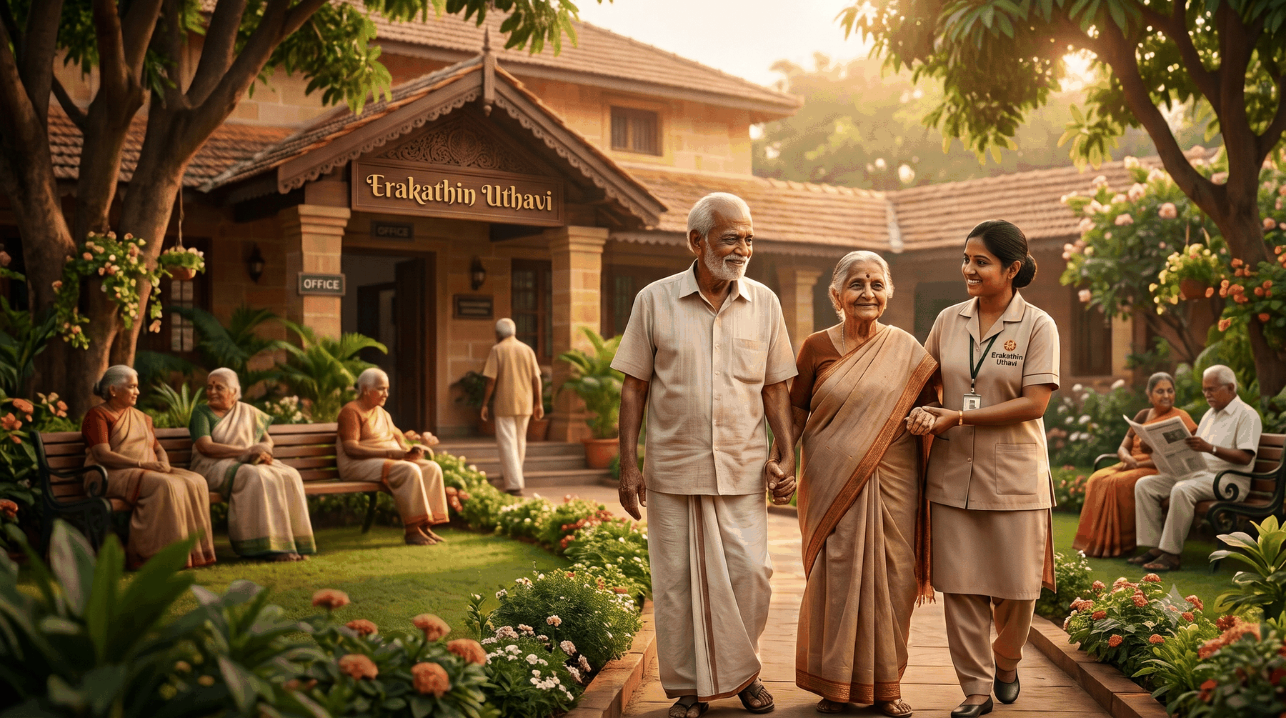 A caregiver walking with an elderly couple through the garden of the Erakathin Uthavi care home at sunset.