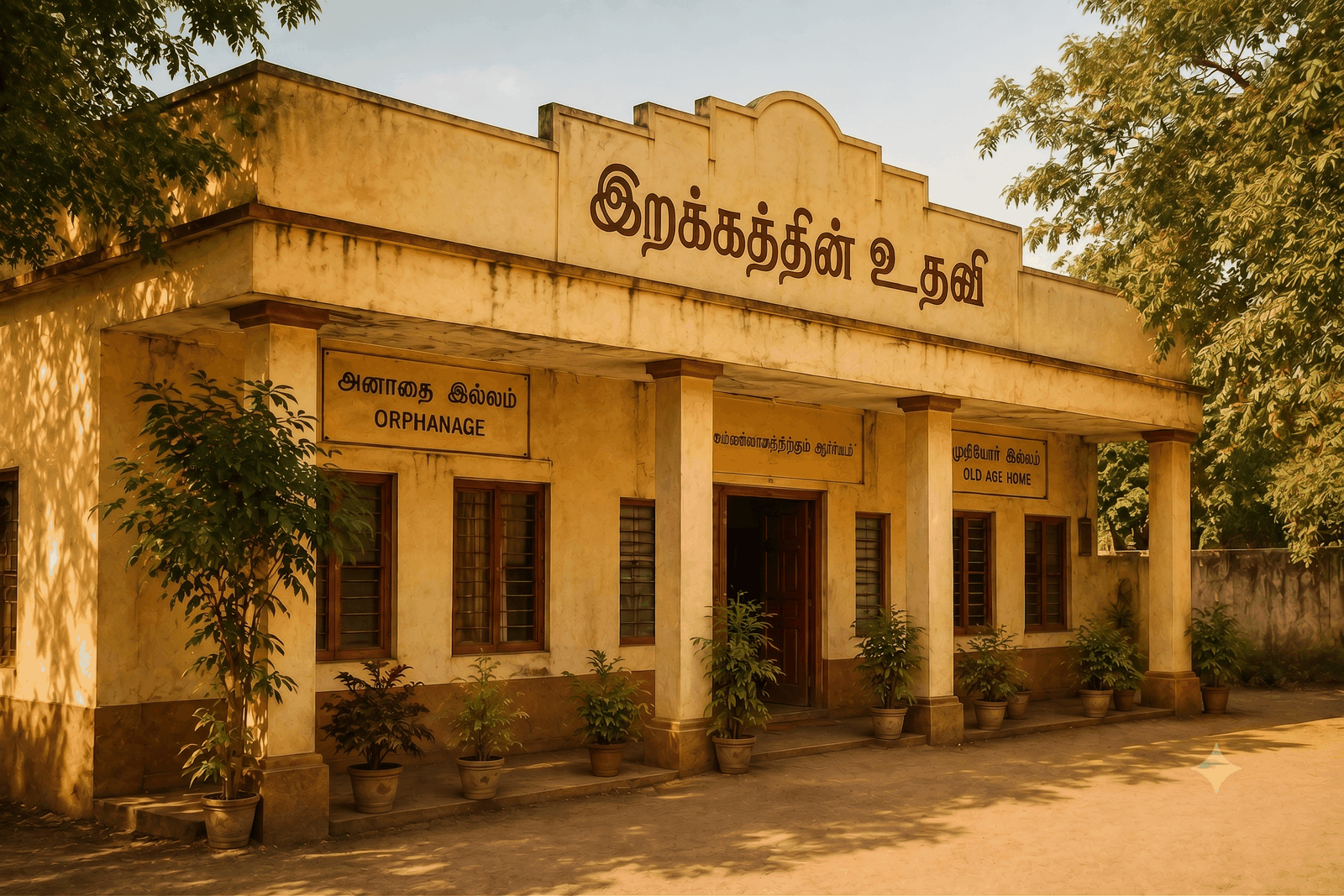 The Erakathin Uthavi care home at sunset.
